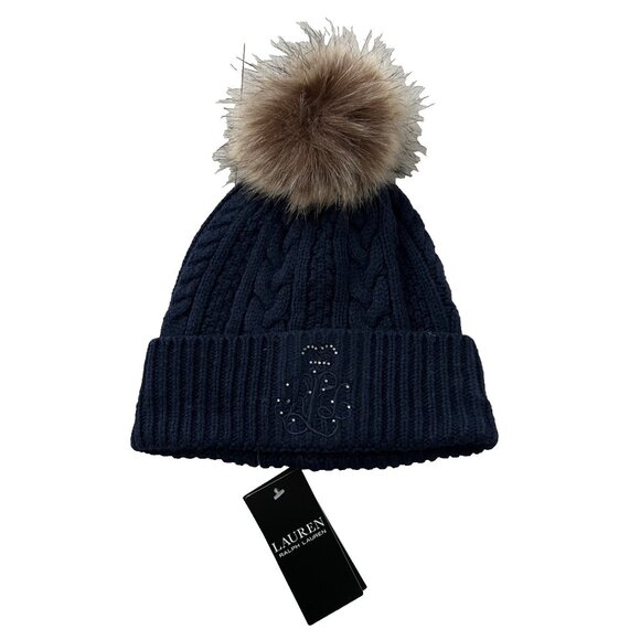 Lauren Ralph Lauren Direct Embroidery Cable Pom Beanie Hat Navy